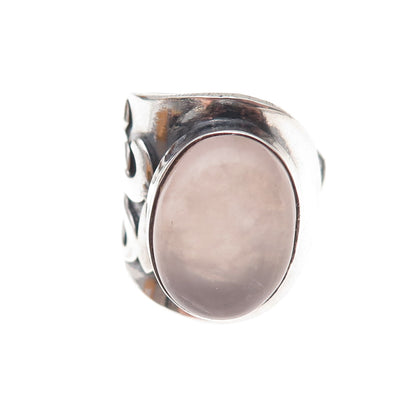925 Sterling Silver Vintage Real Rose Quartz Om Mantra Adjustable Ring Size 8.5