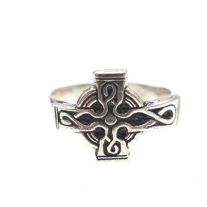 925 Sterling Silver Vintage Celtic Cross Oxidized Ring Size 8