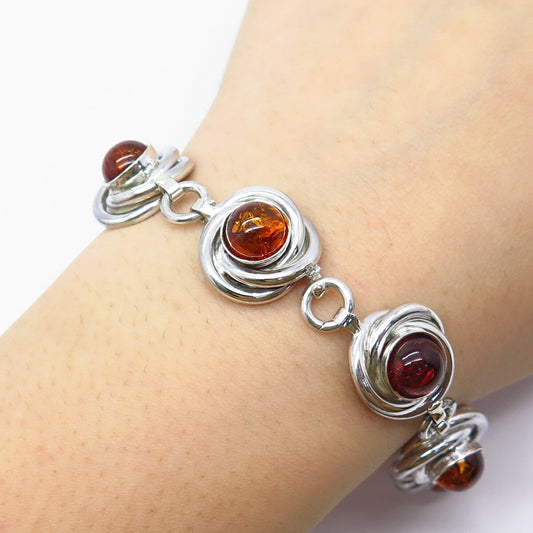 925 Sterling Silver Vintage Mexico Real Amber Nest Link Bracelet 7.5"