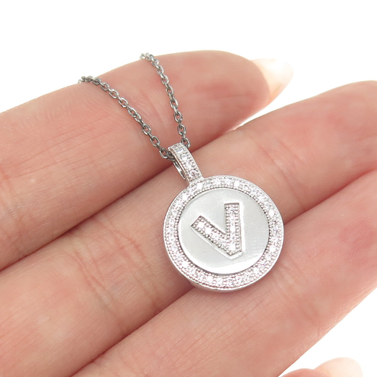 925 Sterling Silver Round-Cut C Z Letter "V" Initial Cable Chain Necklace 16"
