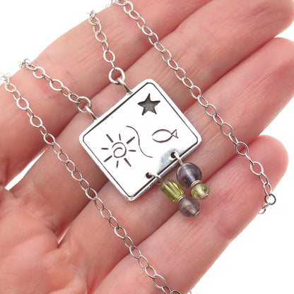 925 Sterling Silver Vintage Real Iolite Peridot Sun Fish Star Chain Necklace 18"