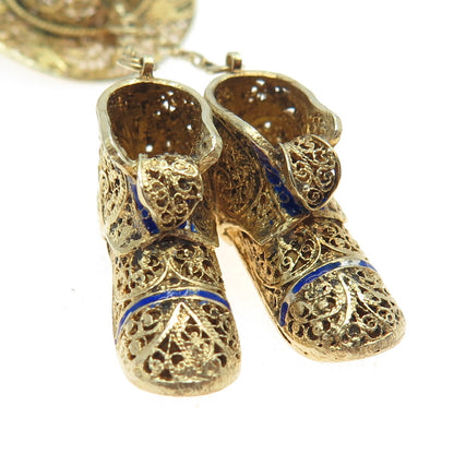 925 Sterling Silver Gold Plated Vintage Portugal Enamel Hat Boots Dangle Brooch