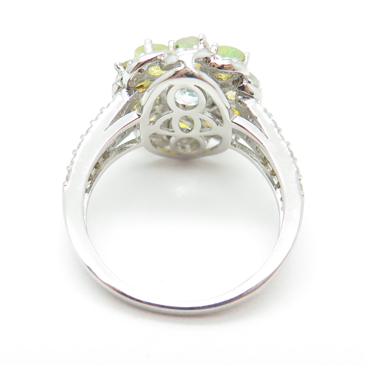 925 Sterling Silver Real Aquamarine Opal & White Topaz Flower Ring Size 7.75