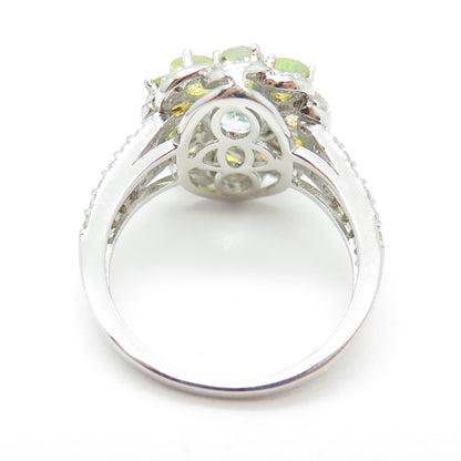 925 Sterling Silver Real Aquamarine Opal & White Topaz Flower Ring Size 7.75