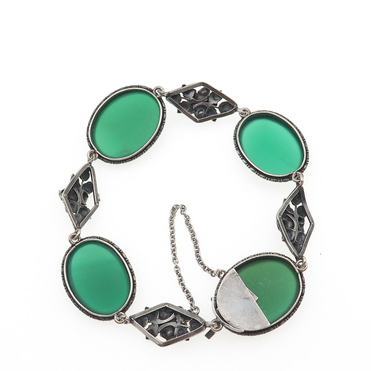 925 Sterling Silver Antique Art Deco Real Green Agate Floral Bracelet 7.25"