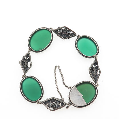 925 Sterling Silver Antique Art Deco Real Green Agate Floral Bracelet 7.25"