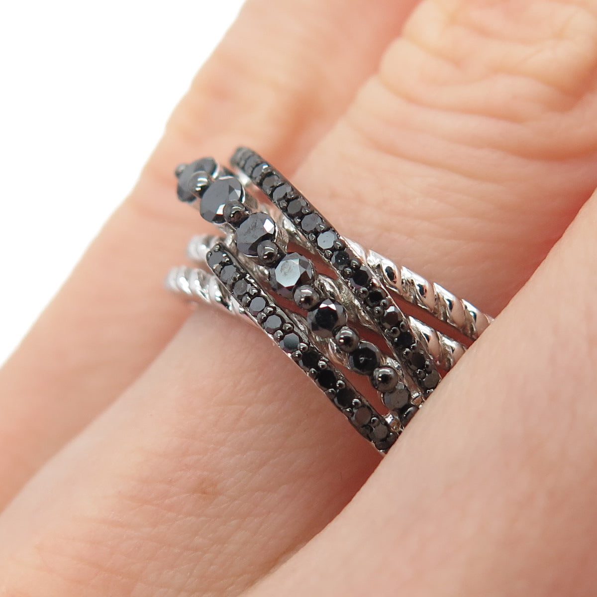 925 Sterling Silver Real Round-Cut Black Diamond Crisscross Ring Size 6.25