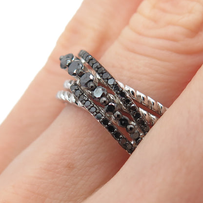925 Sterling Silver Real Round-Cut Black Diamond Crisscross Ring Size 6.25