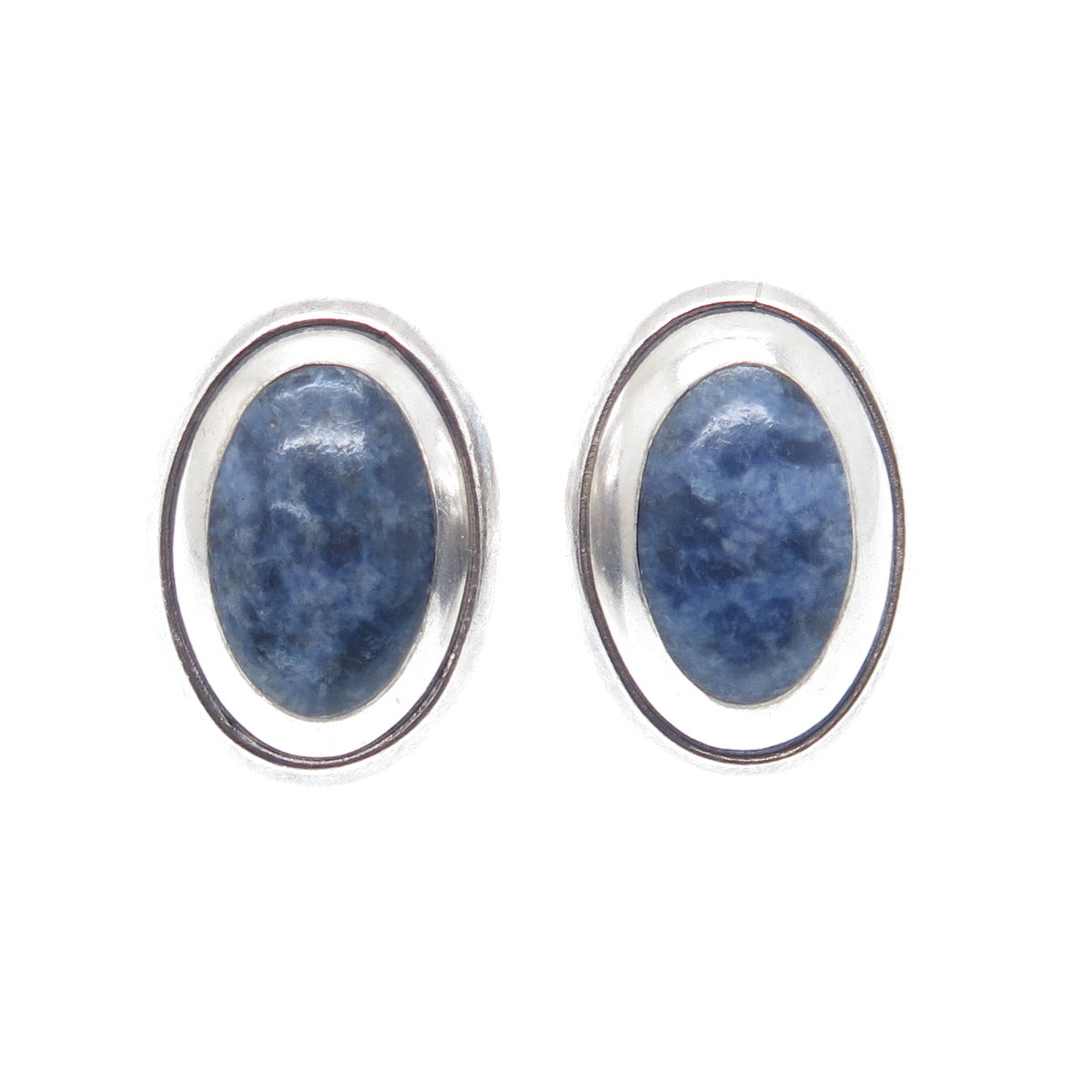 925 Sterling Silver Vintage Mexico Real Cabochon Sodalite Oxidized Earrings