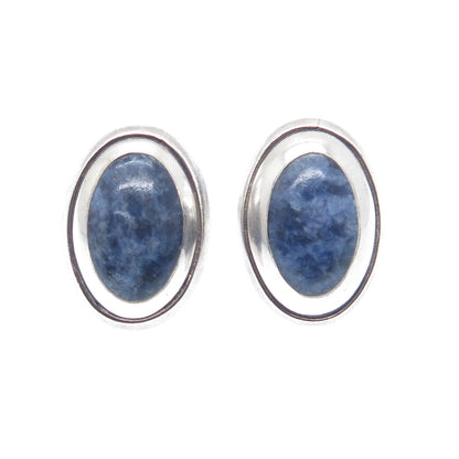 925 Sterling Silver Vintage Mexico Real Cabochon Sodalite Oxidized Earrings