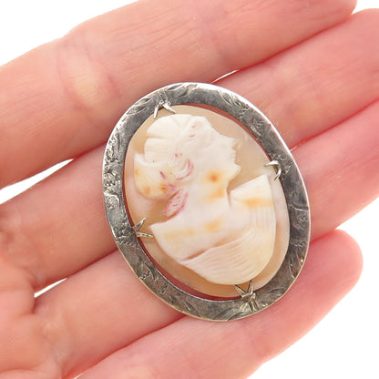 925 Sterling Silver Antique Art Deco Real MOP Carved Lady Cameo Pin Brooch