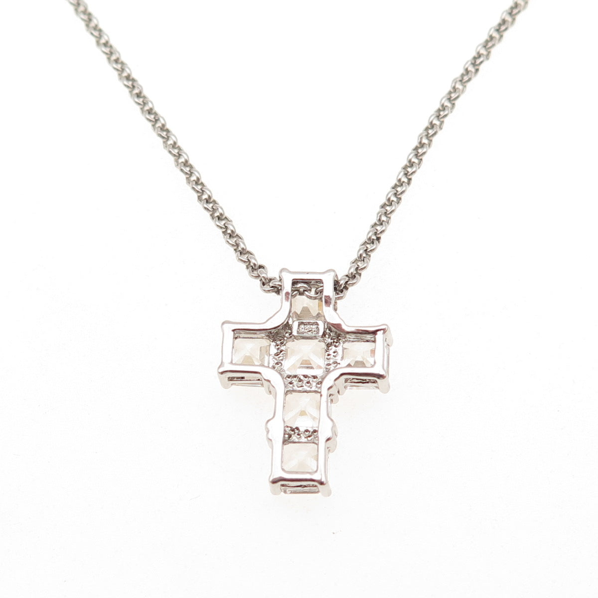 925 Sterling Silver Italy Asscher-Cut C Z Cross Rolo Chain Necklace 16"