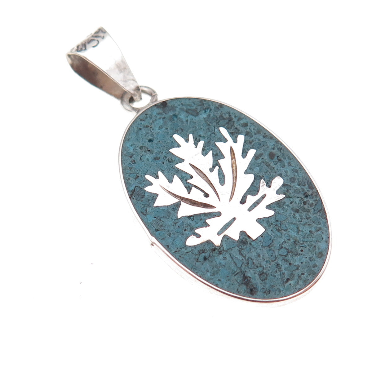 925 Sterling Silver Vintage Mexico Real Turquoise Inlay Cannabis Leaf Pendant