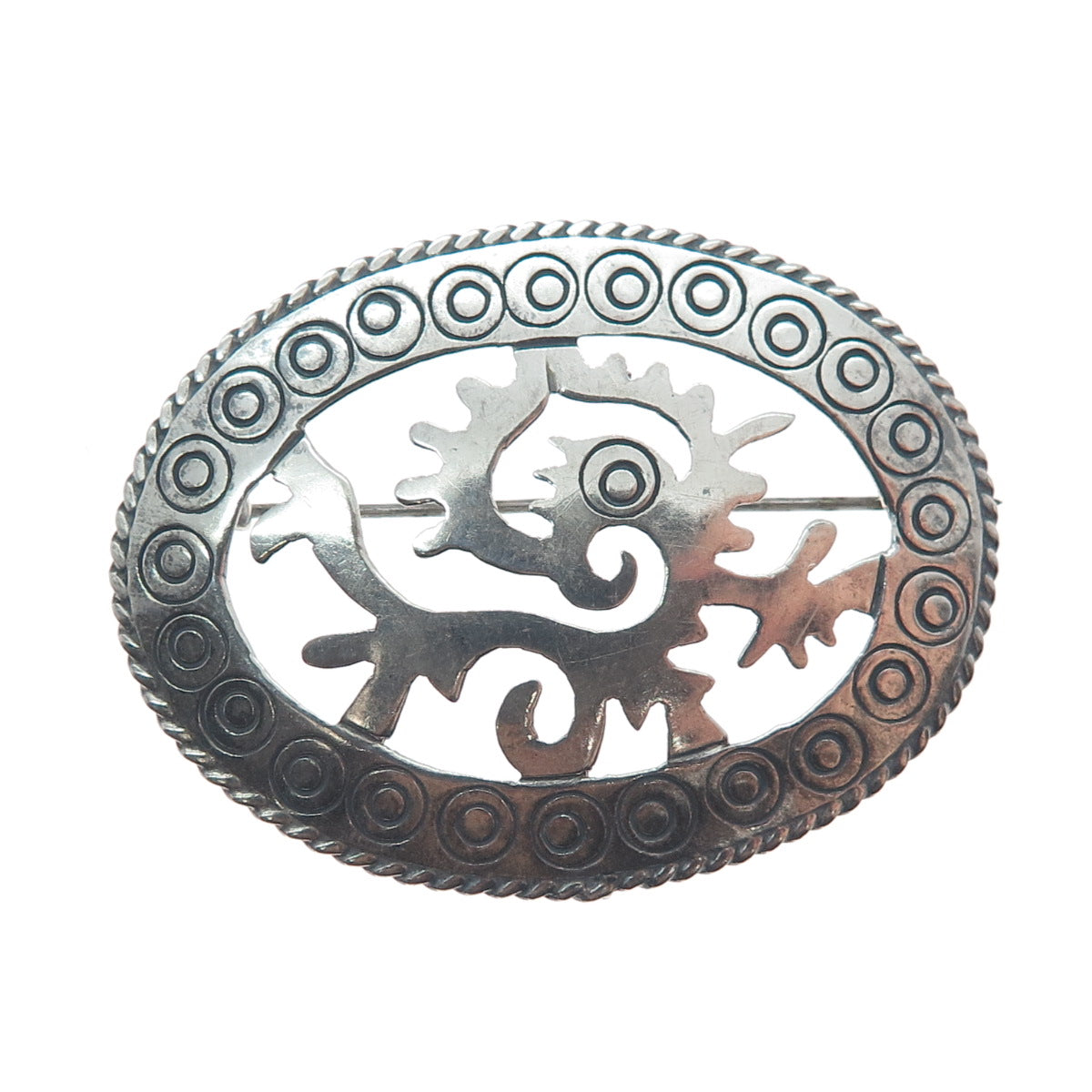 925 Sterling Silver Vintage Mexico Aztec God Quetzalcoatl Oxidized Pin Brooch