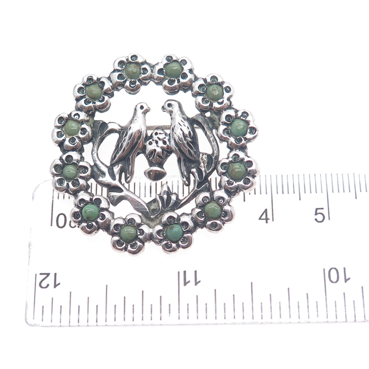 925 Sterling Silver Vintage Mexico Real Turquoise Dove Birds Flower Pin Brooch