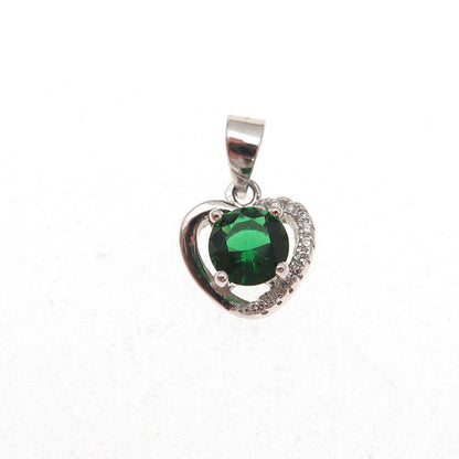 925 Sterling Silver Round-Cut Green & White C Z Heart Charm Pendant