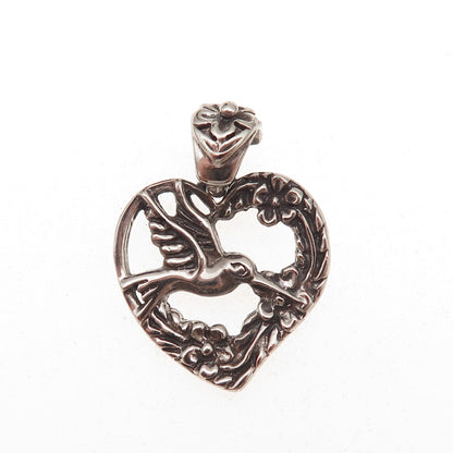 925 Sterling Silver Vintage Hummingbird Heart Oxidized Charm Pendant