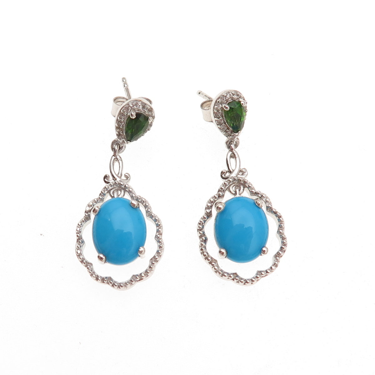 Chuck Clemency 925 Sterling Silver Real Turquoise Peridot & White Topaz Earrings