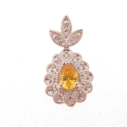 925 Sterling Silver Canary & White C Z Floral Teardrop Slide Charm Pendant