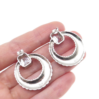 925 Sterling Silver Vintage Emerald-Cut C Z Door Knocker Oxidized Earrings