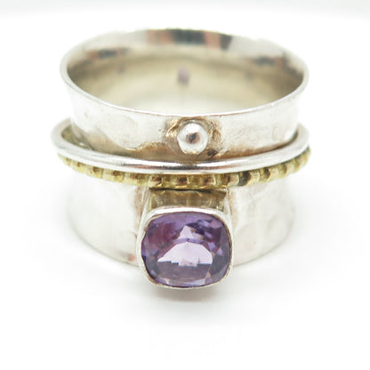 925 Sterling Silver 2-Tone Vintage Amethyst Gem Hammered Finish Ring Size 9.75