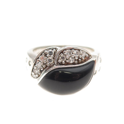 925 Sterling Silver Real Black Onyx & C Z Floral Ring Size 8