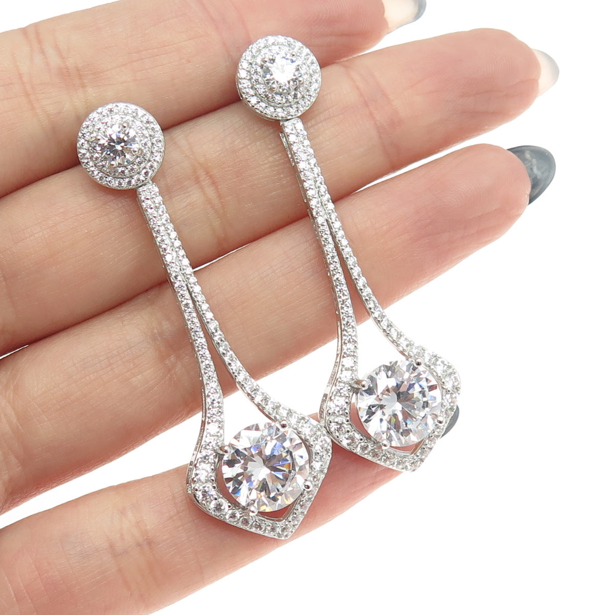 925 Sterling Silver Round-Cut C Z Drop Dangling Earrings