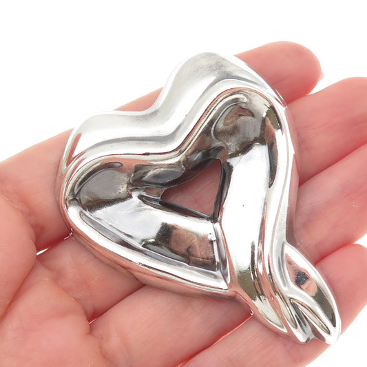 925 Sterling Silver Vintage Mexico Modernist Heart Oxidized Pin Brooch / Pendant