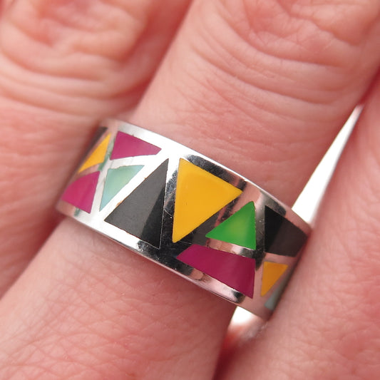 925 Sterling Silver Vintage Enamel Modernist Geometric Band Ring Size 8.25