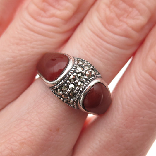925 Sterling Silver Vintage Real Carnelian & Marcasite Oxidized Ring Size 7