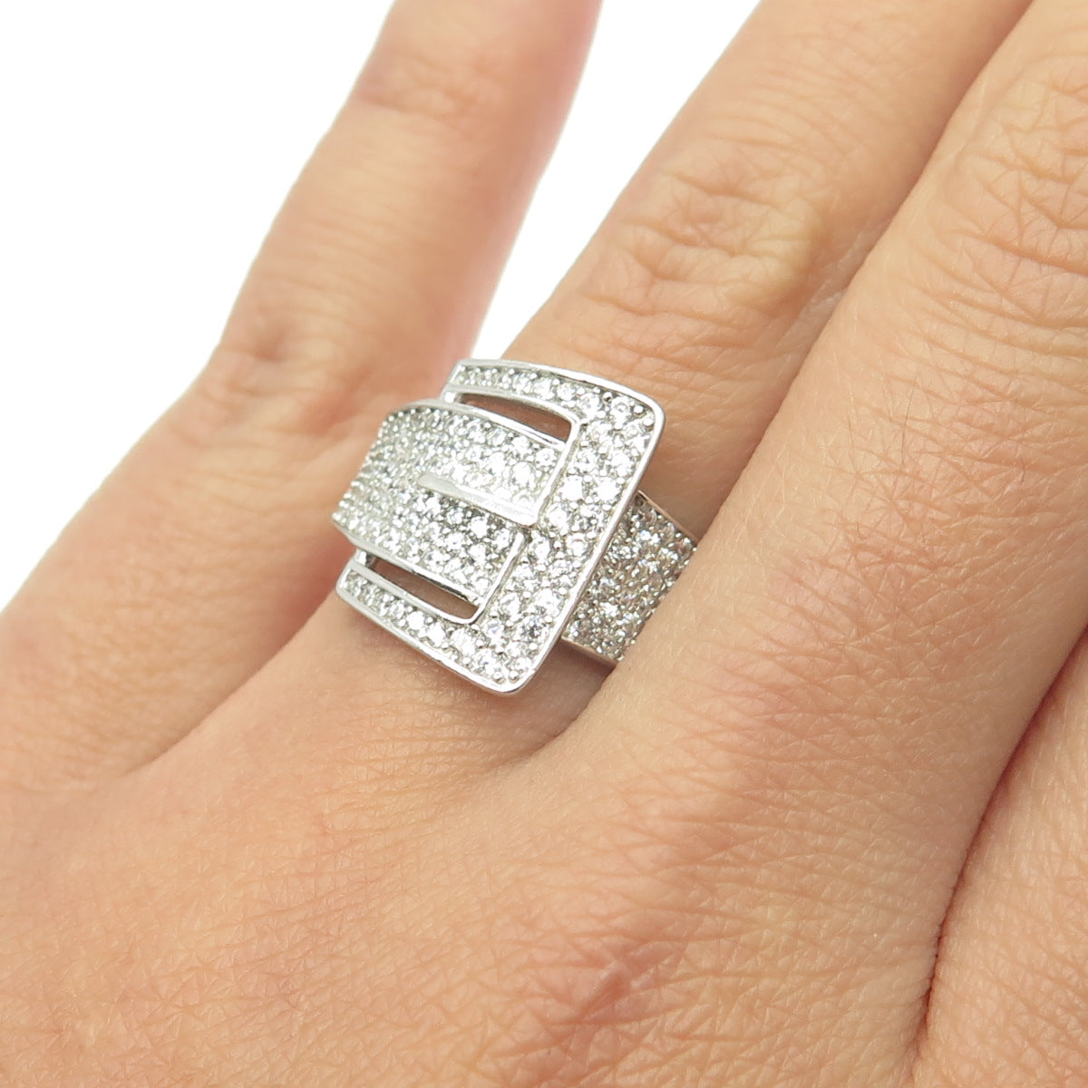 925 Sterling Silver Pave C Z Belt Buckle Ring Size 7.25