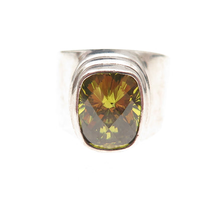 925 Sterling Silver Vintage Real Lemon Quartz Modernist Oxidized Ring Size 7