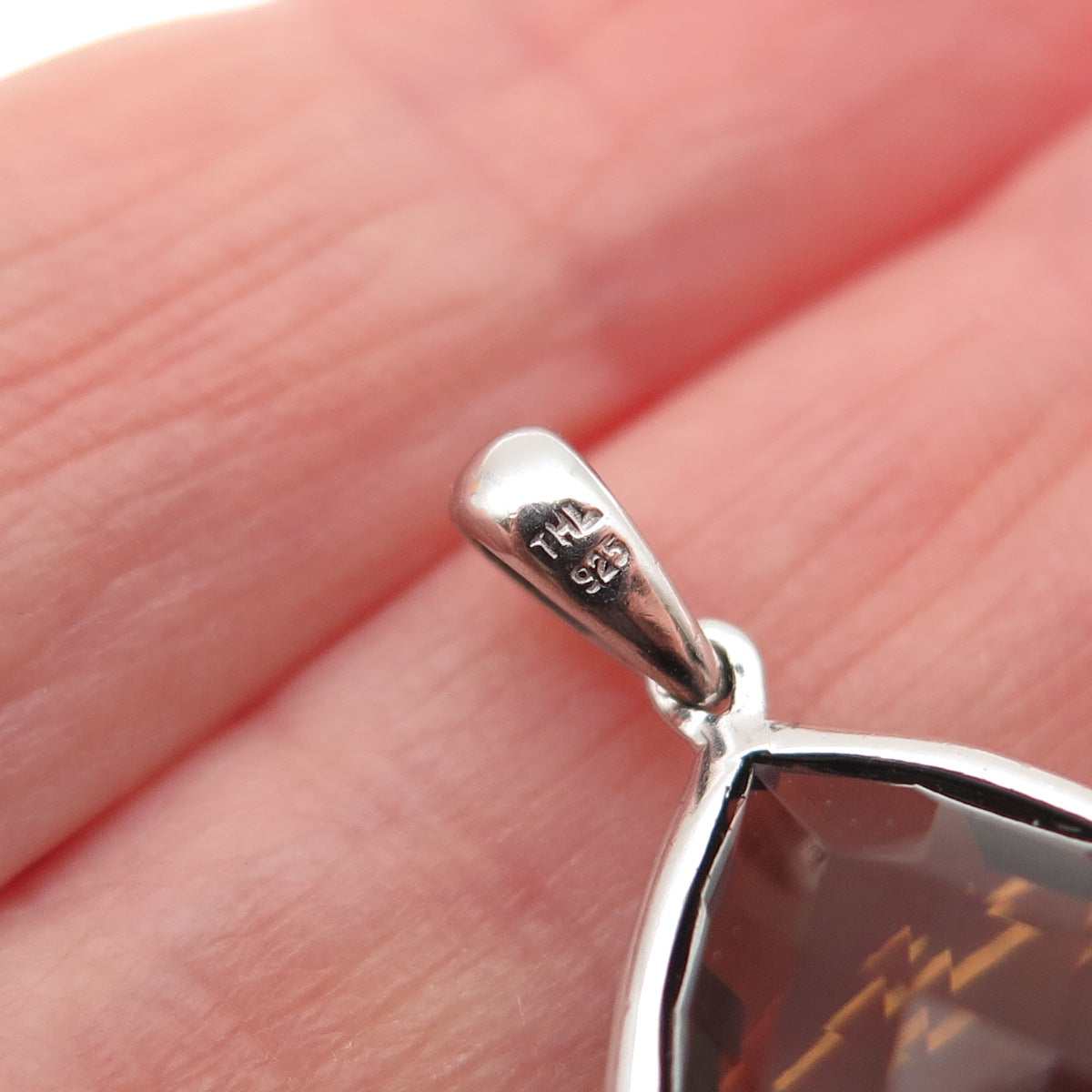 925 Sterling Silver Real Round-Cut Diamond & Pear-Cut Smoky Quartz Charm Pendant