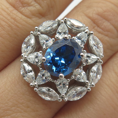 925 Sterling Silver White & Blue C Z Wide Ring Size 8