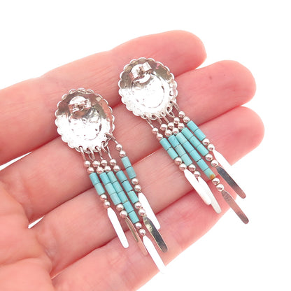 Quoc Turquoise Old Pawn Sterling Silver Vintage Concho Tribal Dangle Earrings