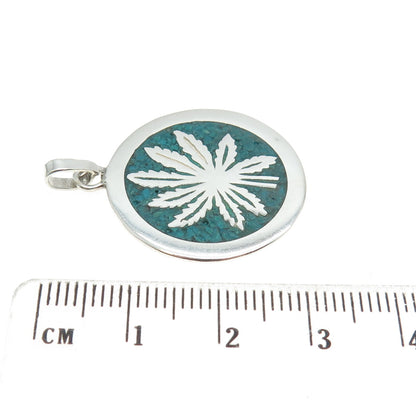 925 Sterling Silver Vintage Mexico Real Turquoise Inlay Cannabis Round Pendant