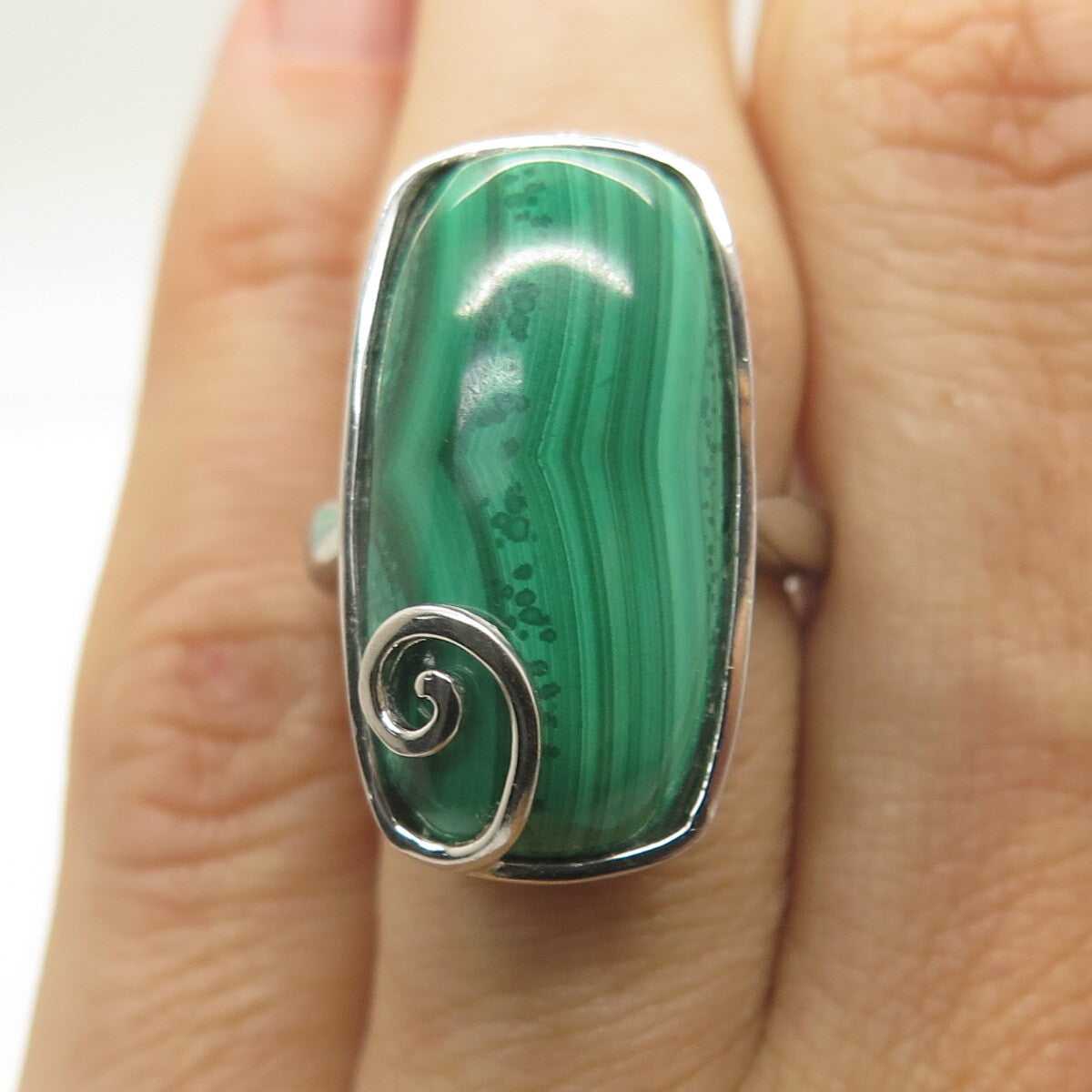 HAROLD TRUJILLO 925 Sterling Silver Real Cabochon Malachite Spiral Ring Size 6