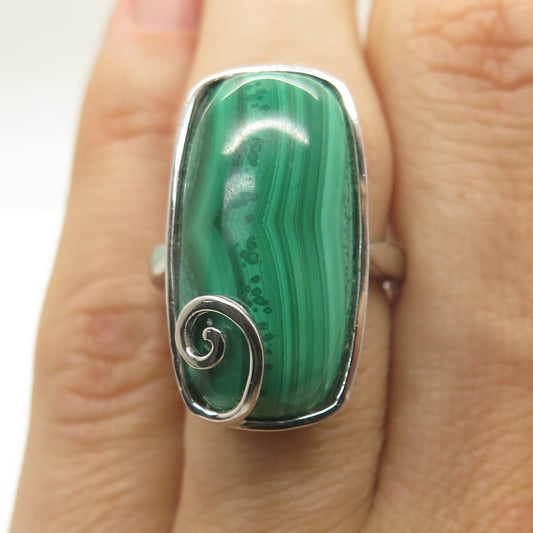 HAROLD TRUJILLO 925 Sterling Silver Real Cabochon Malachite Spiral Ring Size 6