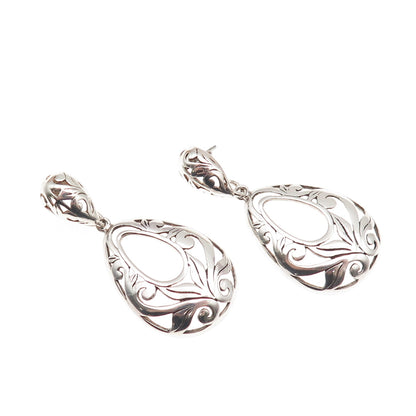 925 Sterling Silver Vintage Floral Teardrop Oxidized Dangle Earrings