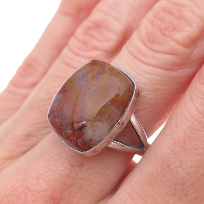 925 Sterling Silver Vintage Real Agate Modernist Oxidized Ring Size 6.5