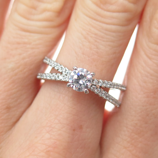 925 Sterling Silver Round-Cut C Z Crisscross Ring Size 8