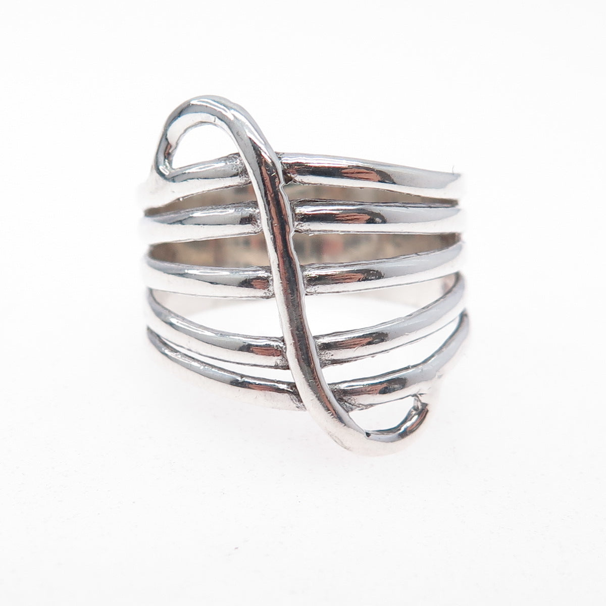 925 Sterling Silver Vintage Modernist 6-Row Ring Size 7.5