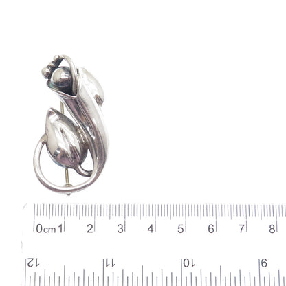 925 Sterling Silver Vintage Modernist Flower Oxidized Pin Brooch