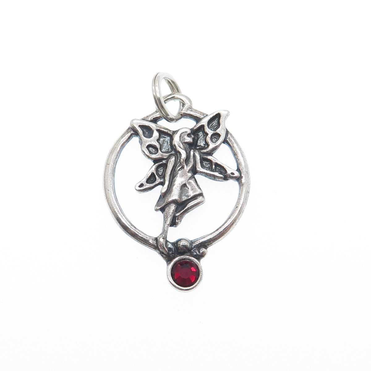 SHUBE 925 Sterling Silver Vintage Red Rhinestone Fairy Oxidized Charm Pendant