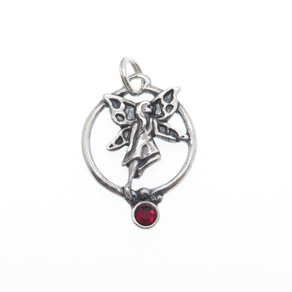 SHUBE 925 Sterling Silver Vintage Red Rhinestone Fairy Oxidized Charm Pendant