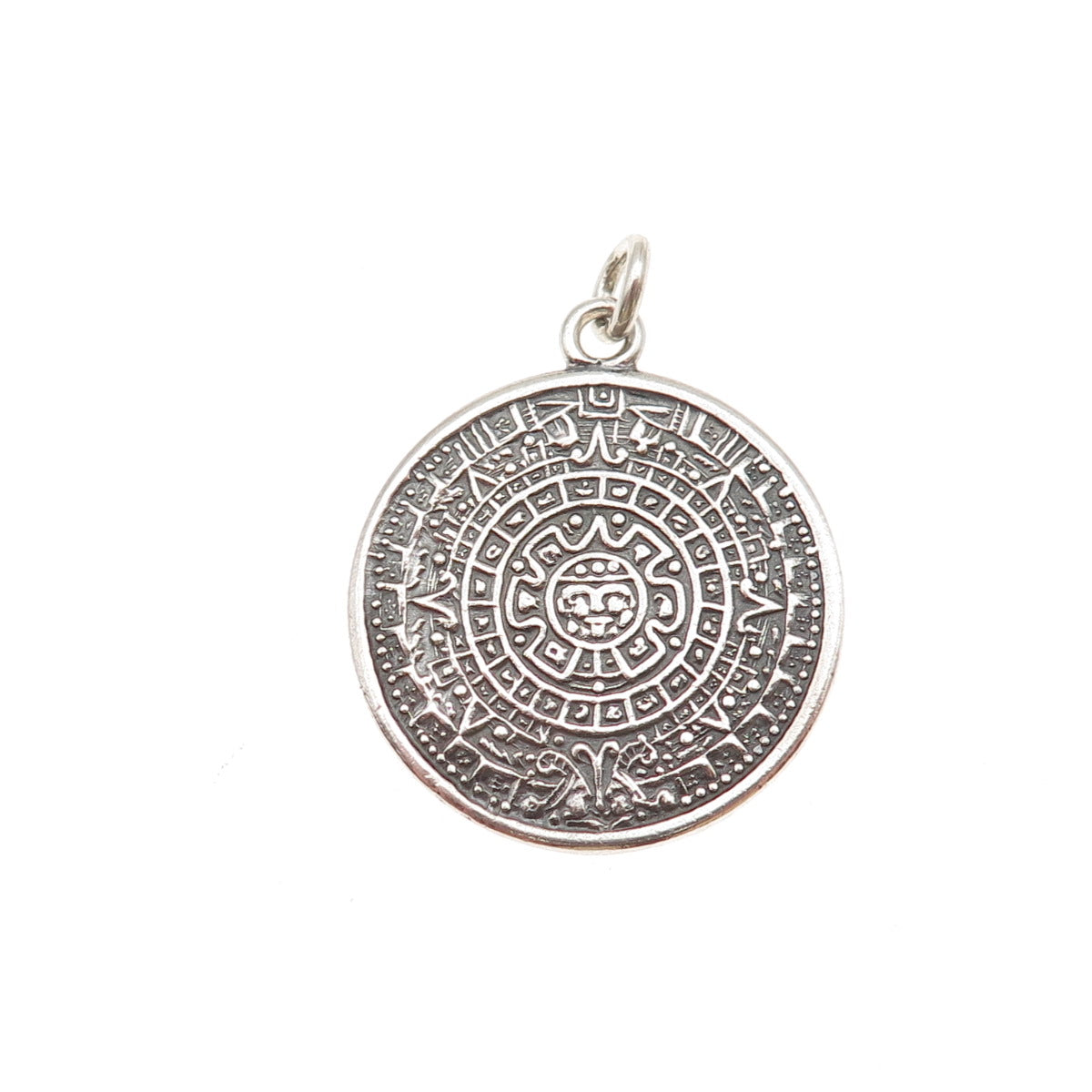 925 Sterling Silver Vintage Mayan Calendar Oxidized Charm Pendant