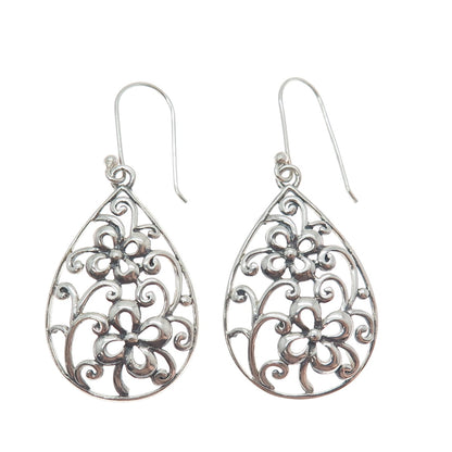 CHAPAL ZENRAY 925 Sterling Silver Vintage Ornate Flower Teardrop Dangle Earrings