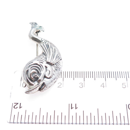 BEAU 925 Sterling Silver Vintage Fish Cartoon Character Oxidized Pin Brooch