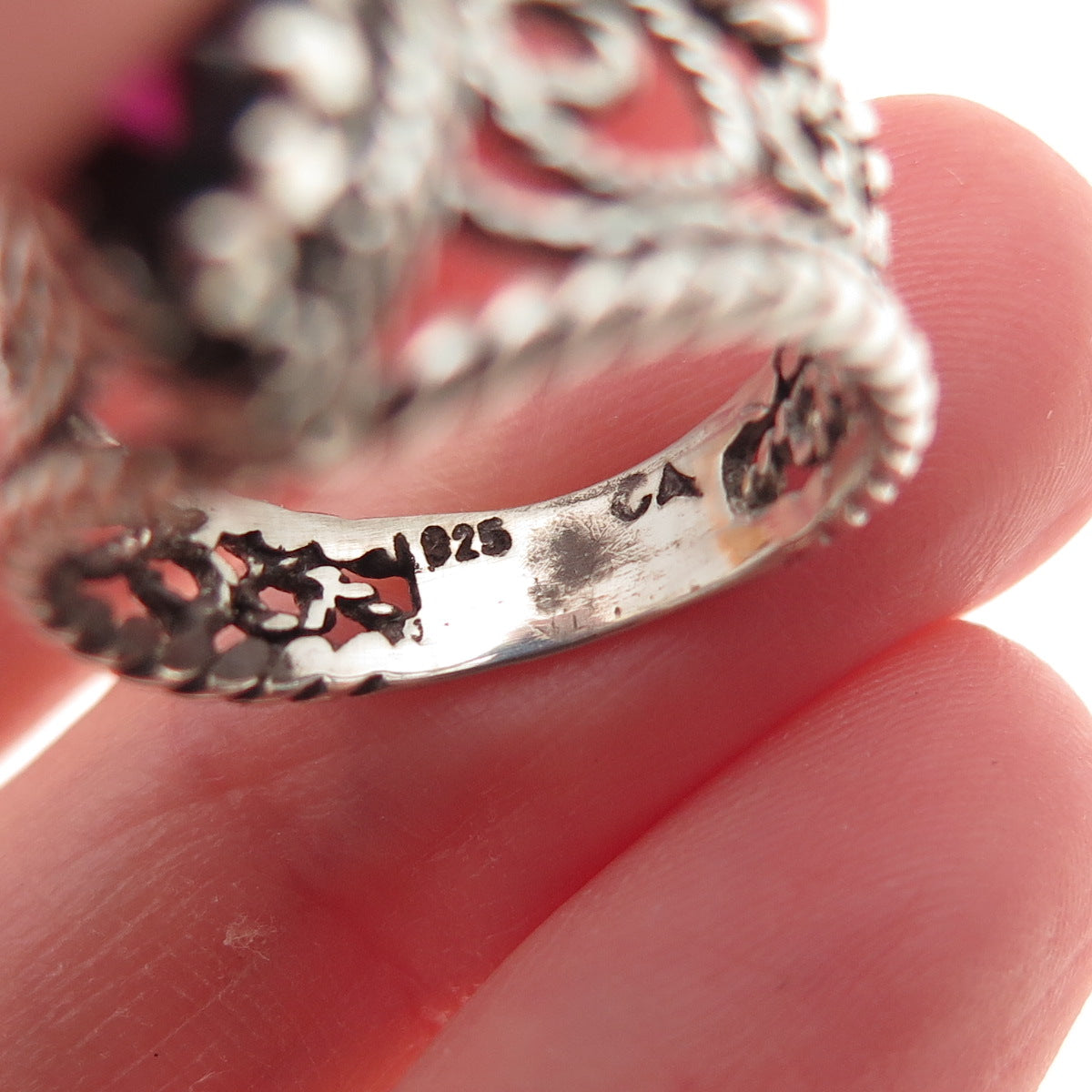 925 Sterling Silver Vintage Real Marquise-Cut Garnet Swirl Oxidized Ring Size 6