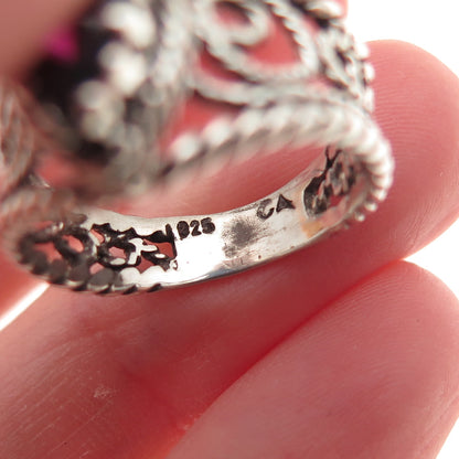 925 Sterling Silver Vintage Real Marquise-Cut Garnet Swirl Oxidized Ring Size 6